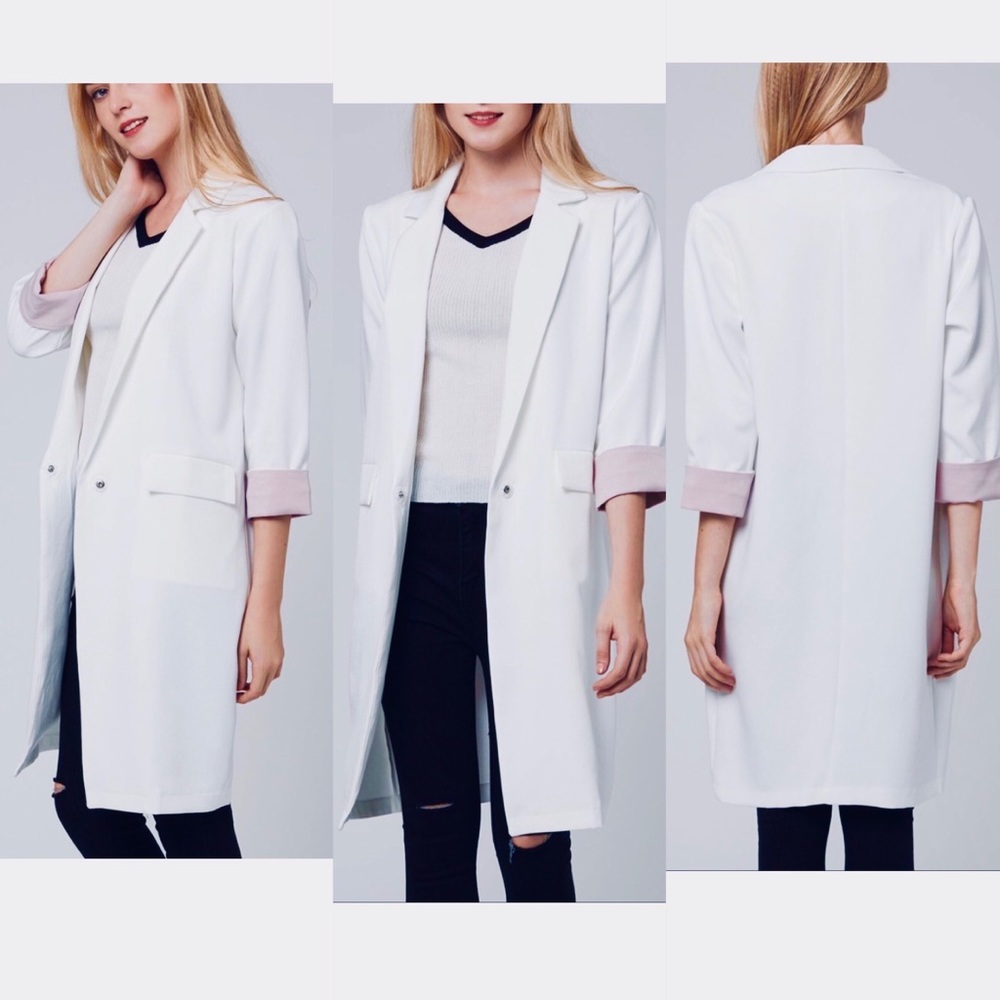 NWT White Long Sleeve Slim Cuffed Duster Lab Coat